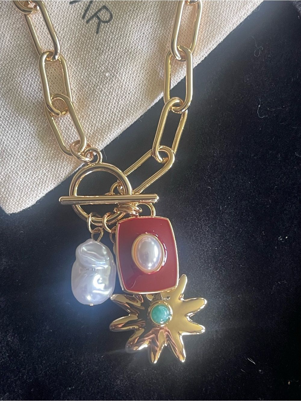 Gold Link Toggle Necklace with Red Enamel Charm, Pearl & Turquoise Accent